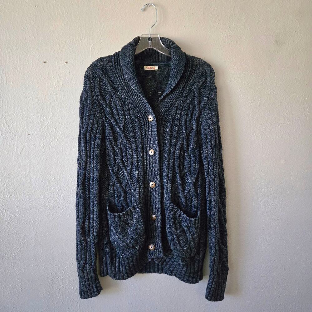 Preppy Heritage Faherty Wool Blend Cable Knit Cardigan Men's M Blue Shawl Collar